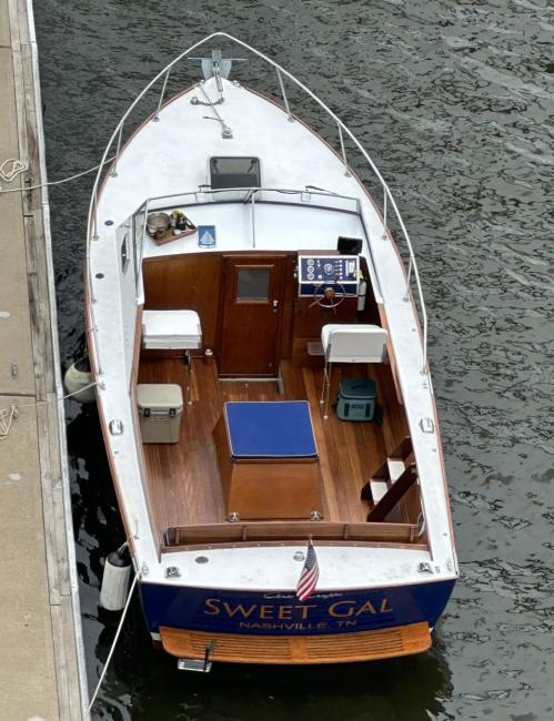 1968/2018 CHRIS-CRAFT CAVALIER CUTLASS 27, view from above, docked in water