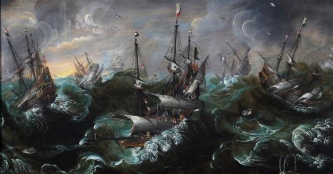 The PdP Monogrammist, "Ships and Whales in a Tempest." Oil on wooden panel, c. 1595.