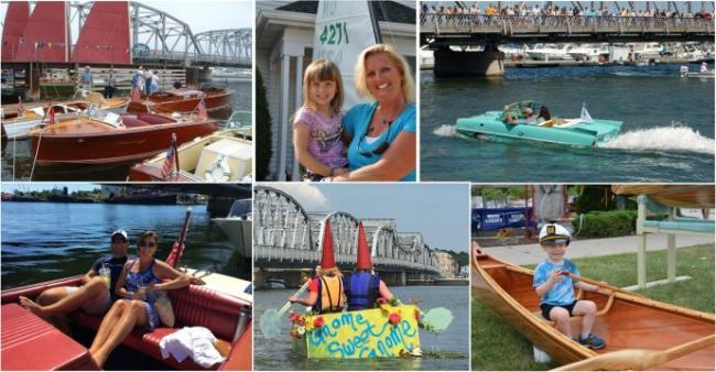 photos, clockwise from top left: wooden sailboat with dark red sails at dock with Michigan Street Steel bridge in background, mother and child, amphibicar in front of Steel Bridge, child with captain's hat seated in wooden boat,  red hatted gnomes paddling a sikaflex boat build challenge race, 3 wooden boats docked.