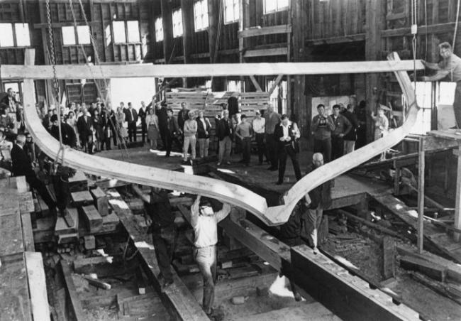 Framing up the sloop CLEARWATER, Harvey Gamage yard, 1968.