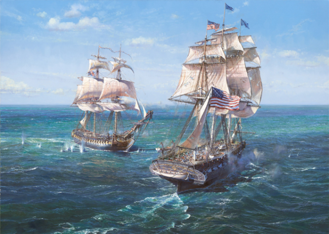 USS CONSTITUTION vs HMS JAVA. Artist: Maarten Platje.