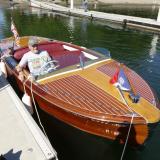 1953 Chris Craft speed boat, docked starboard bow view