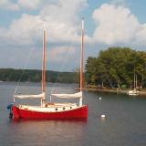 Custom cat ketch, moored starboard side view