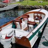 LS 17' Runabout, docked view from stern starboard side