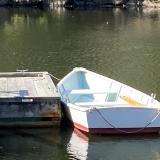 12' wood skiff, docked port side stern end view
