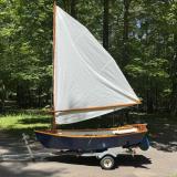 Sailing skiff, on trailer port side view